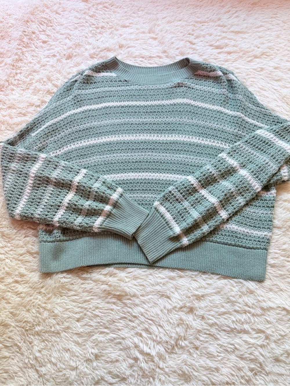 Hollister Mint Green & White Striped Oversized Crewneck Sweater